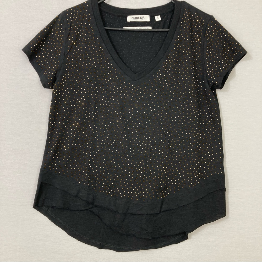 CHRLDR Cheerleader Black Gold Polka Dot V Neck Stretch Casual Top Small‎